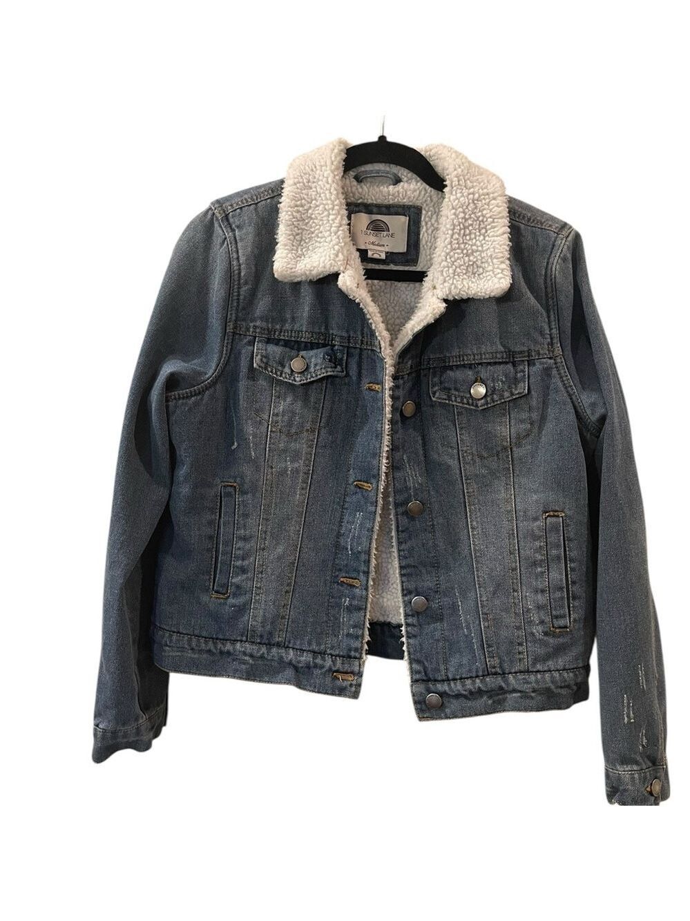 1 Sunset Lane Women’s Sherpa Lined Denim Jean Jacket Lightly Distressed Medium